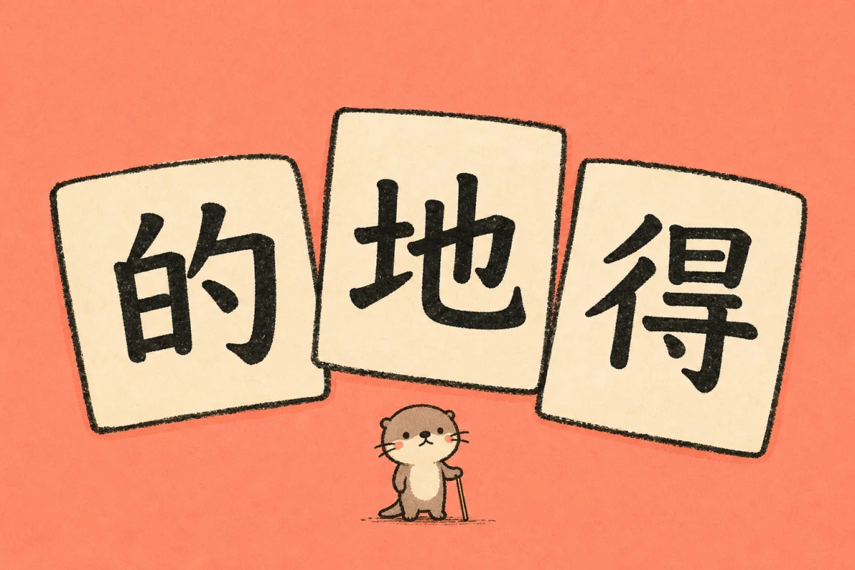 Une petite loutre Moyu perplexe sous trois grandes cartes dessinées à la main portant 的, 地 et 得