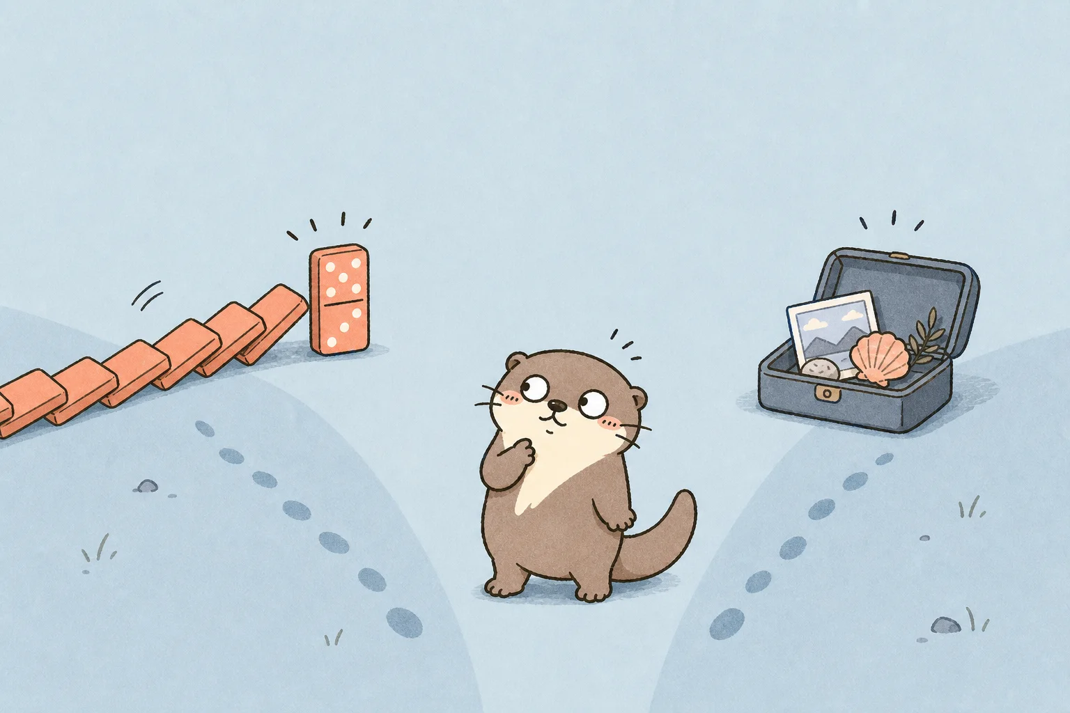 The Moyu otter choosing between a finished row of dominoes and a box of keepsakes