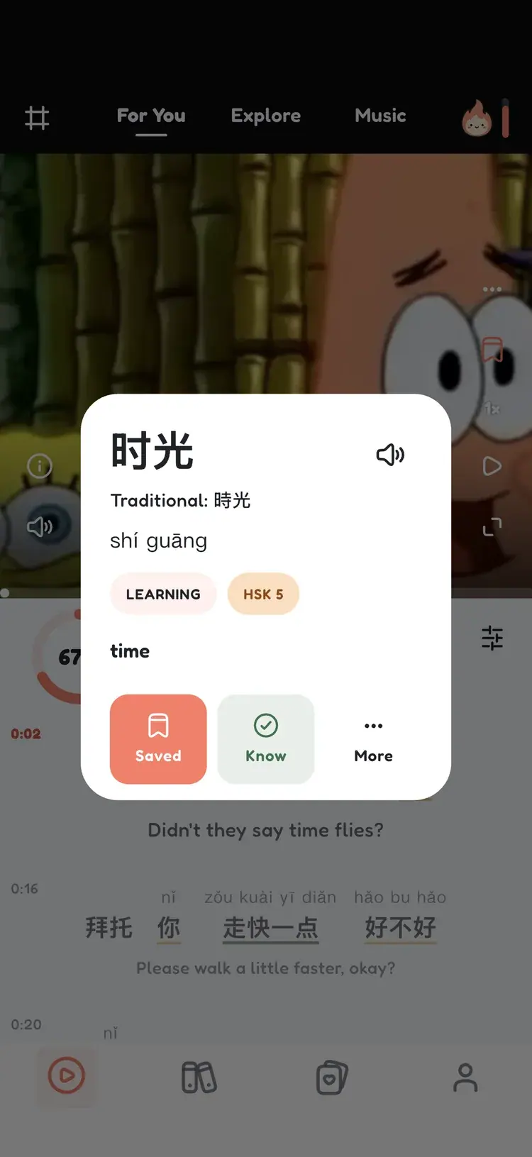 Product screenshot: synced captions and word lookup