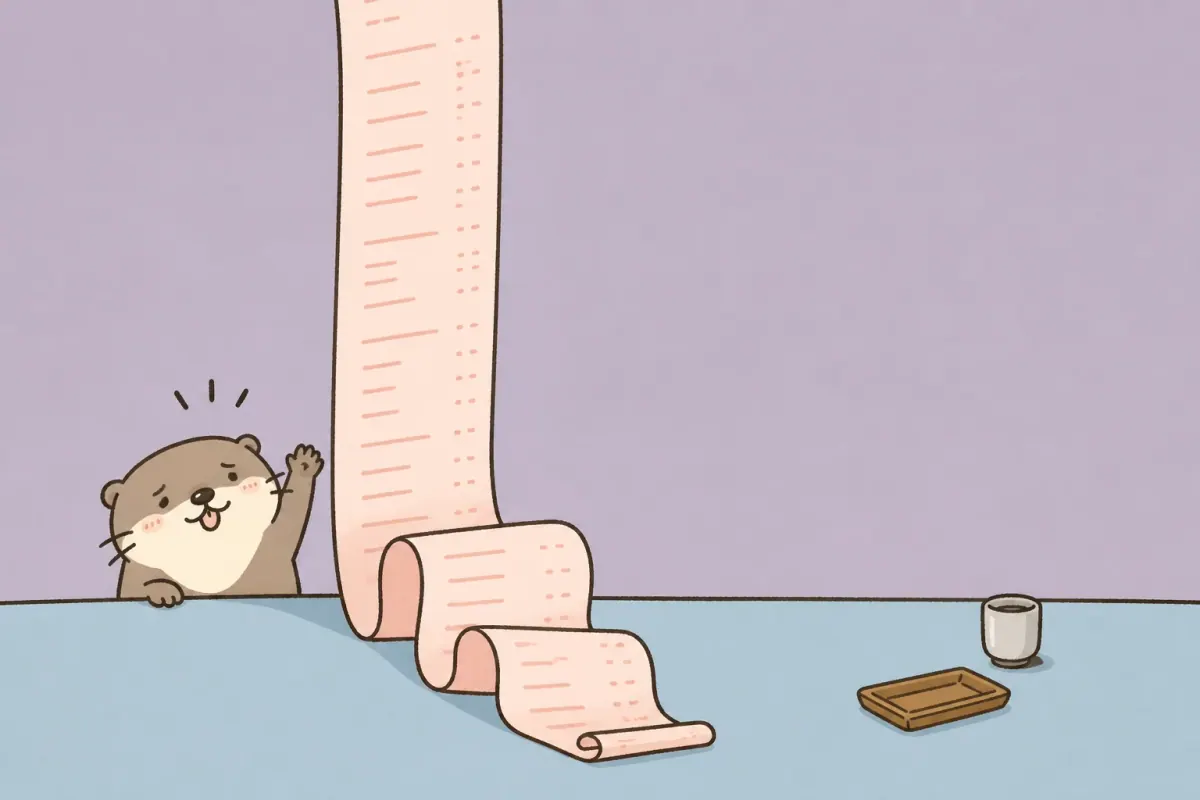 The Moyu otter raises a paw beside an enormous receipt curling across a table