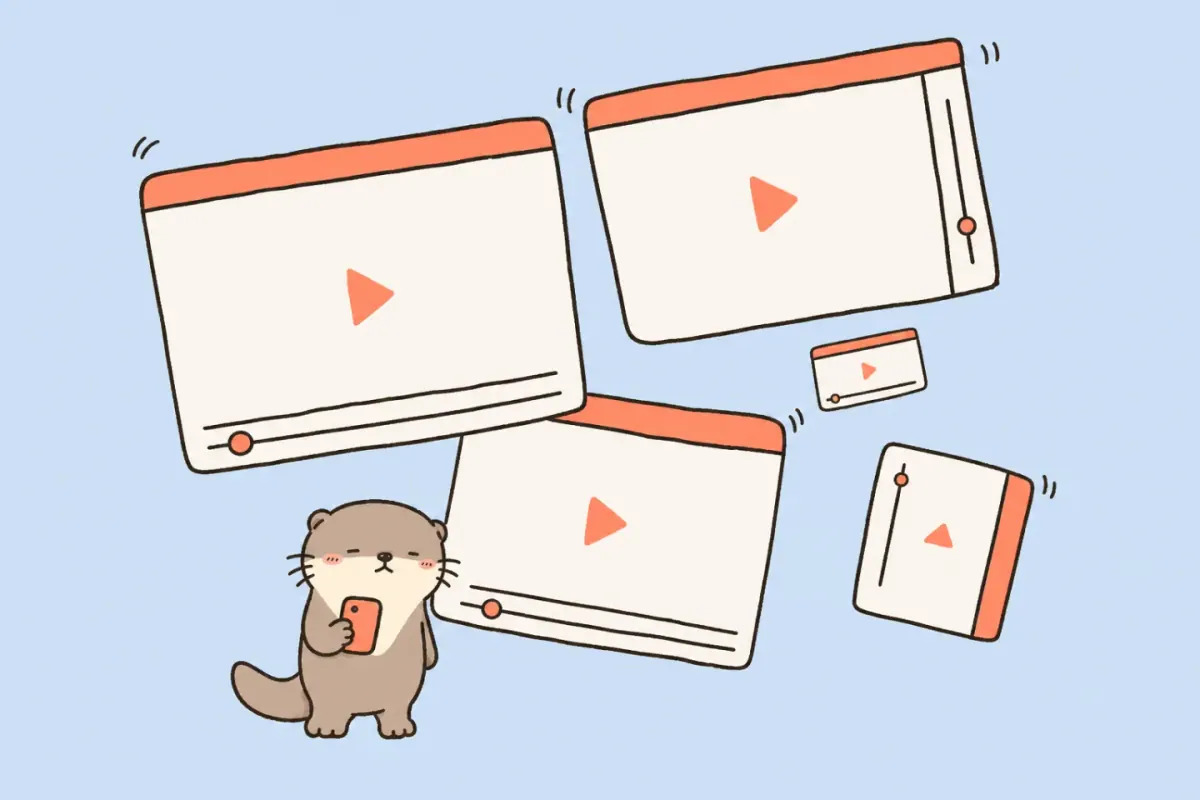 A small Moyu otter choosing between several playful video windows while holding a phone