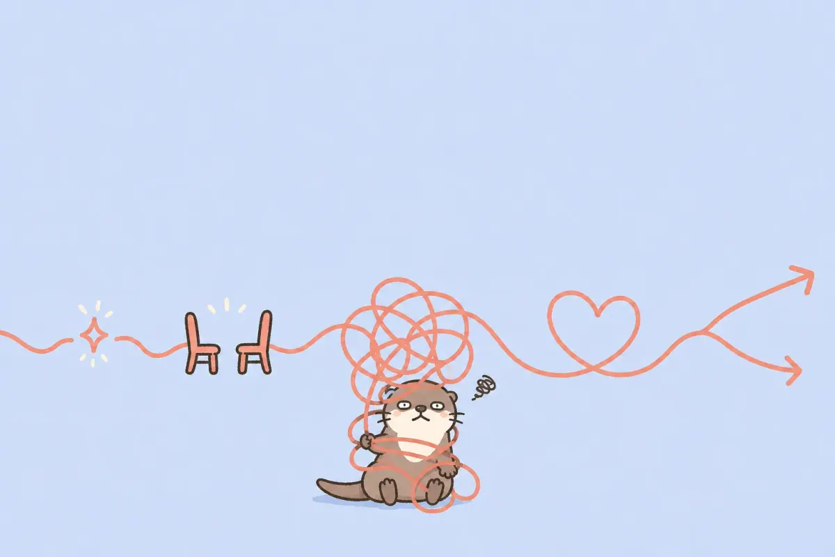 The Moyu otter follows a tangled relationship timeline from a tiny spark through dates, an uncertain knot, a heart, and a fork in the path