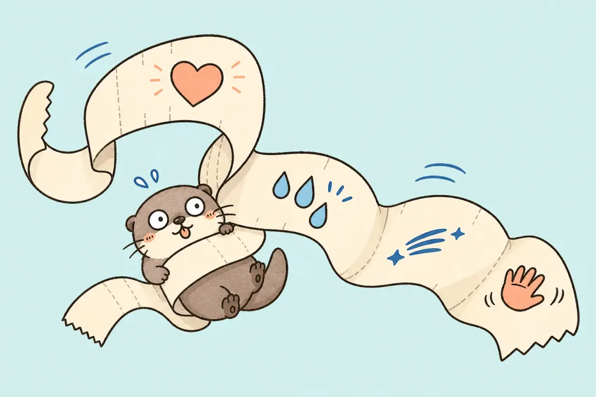 The Moyu otter tangled in a long ribbon marked with symbols for love, crying, praise, and goodbye