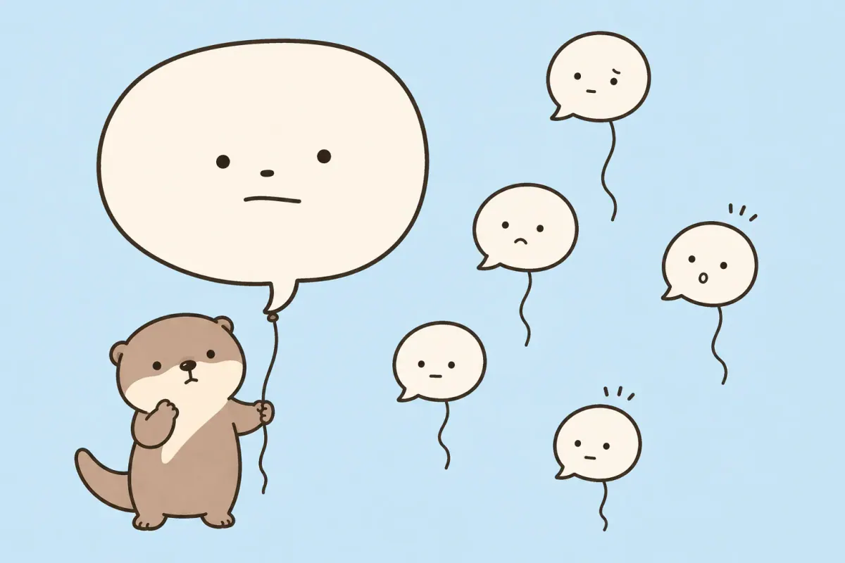 A puzzled Moyu otter holding speech-bubble balloons with several different moods