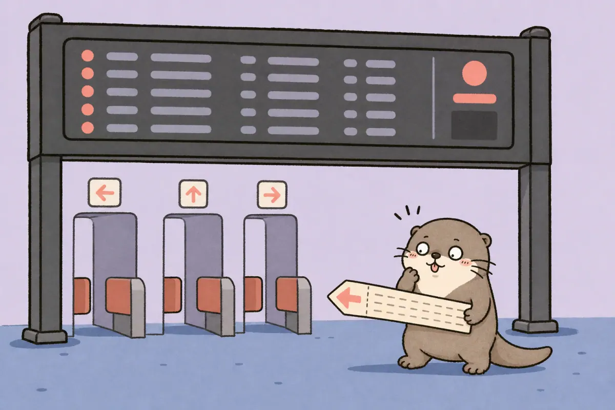 The Moyu otter studies a departure board while an enormous train ticket points toward several station gates