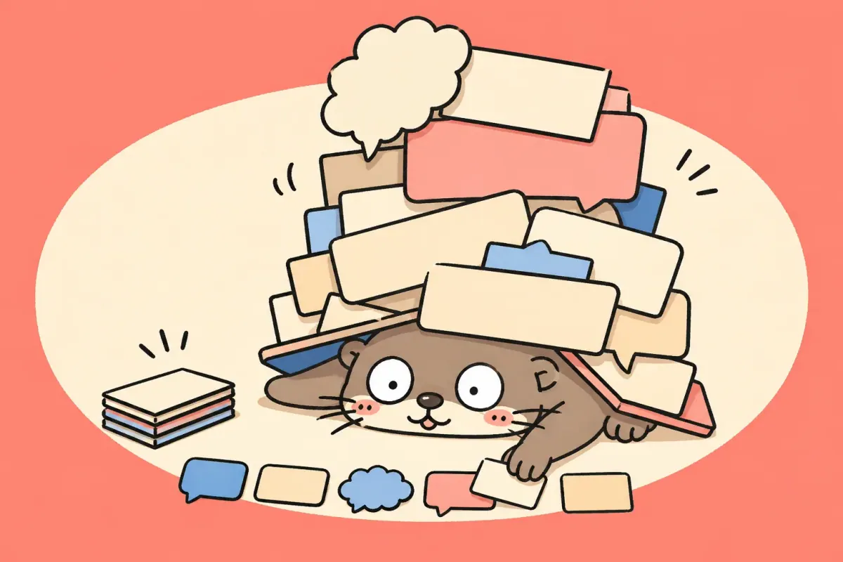 The Moyu otter sorts blank word cards while peeking from beneath a comically tall stack of speech tabs