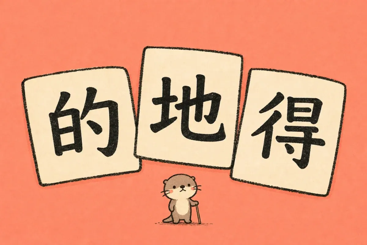 A tiny puzzled Moyu otter standing beneath three large hand-drawn cards marked 的, 地, and 得