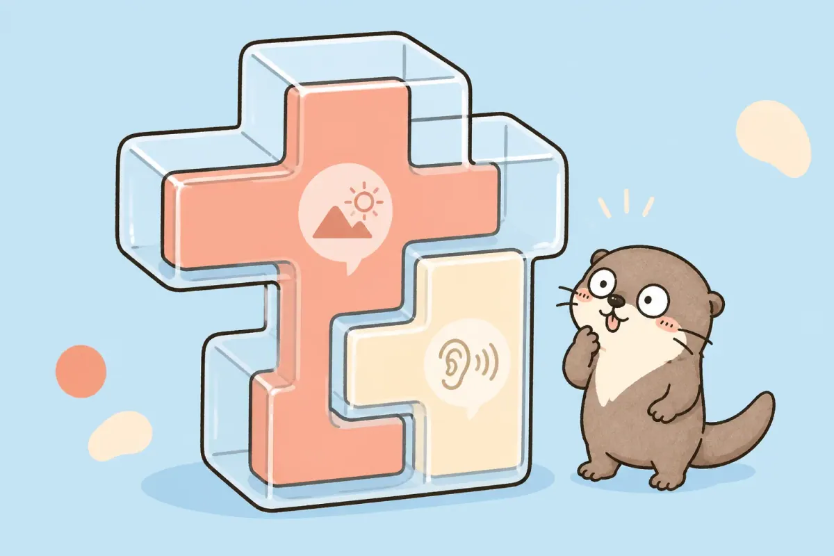 The Moyu otter studies a large abstract block assembled from meaning and sound pieces