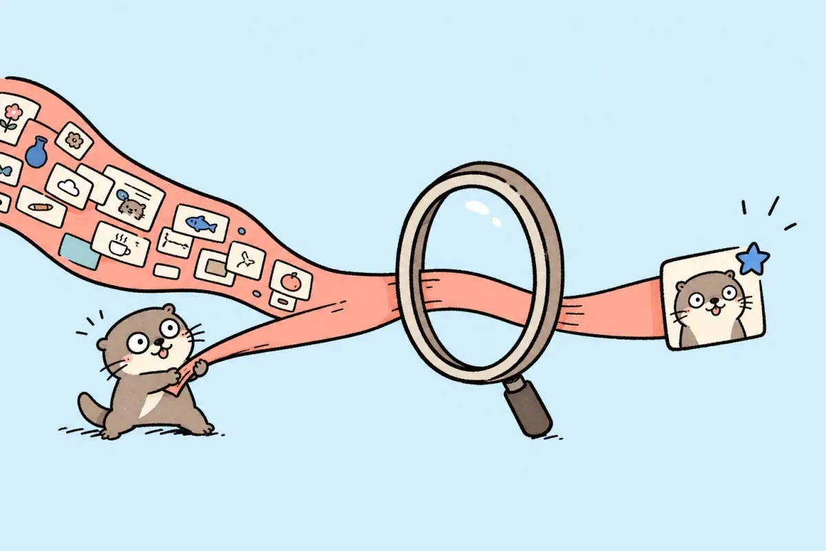 The Moyu otter pulls a crowded search ribbon through a magnifying glass until one useful result remains