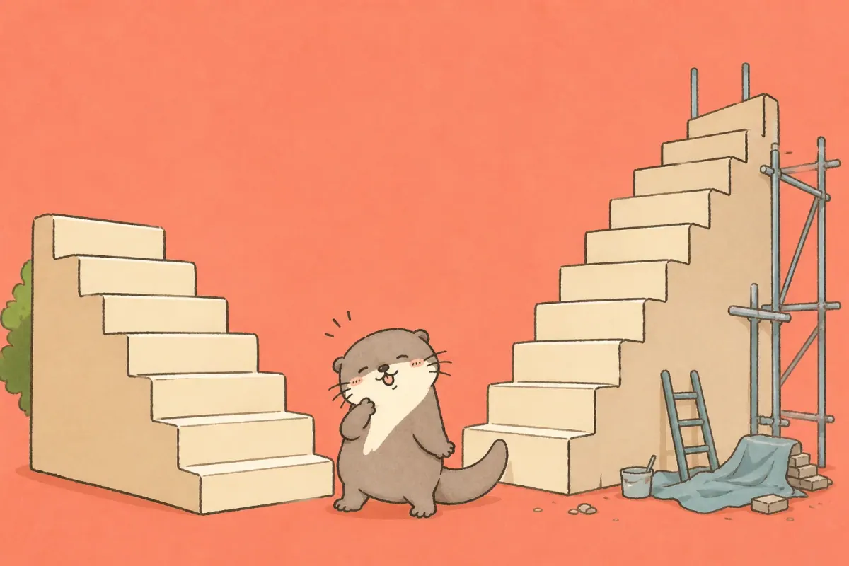 The Moyu otter considers a finished staircase and a taller staircase under construction