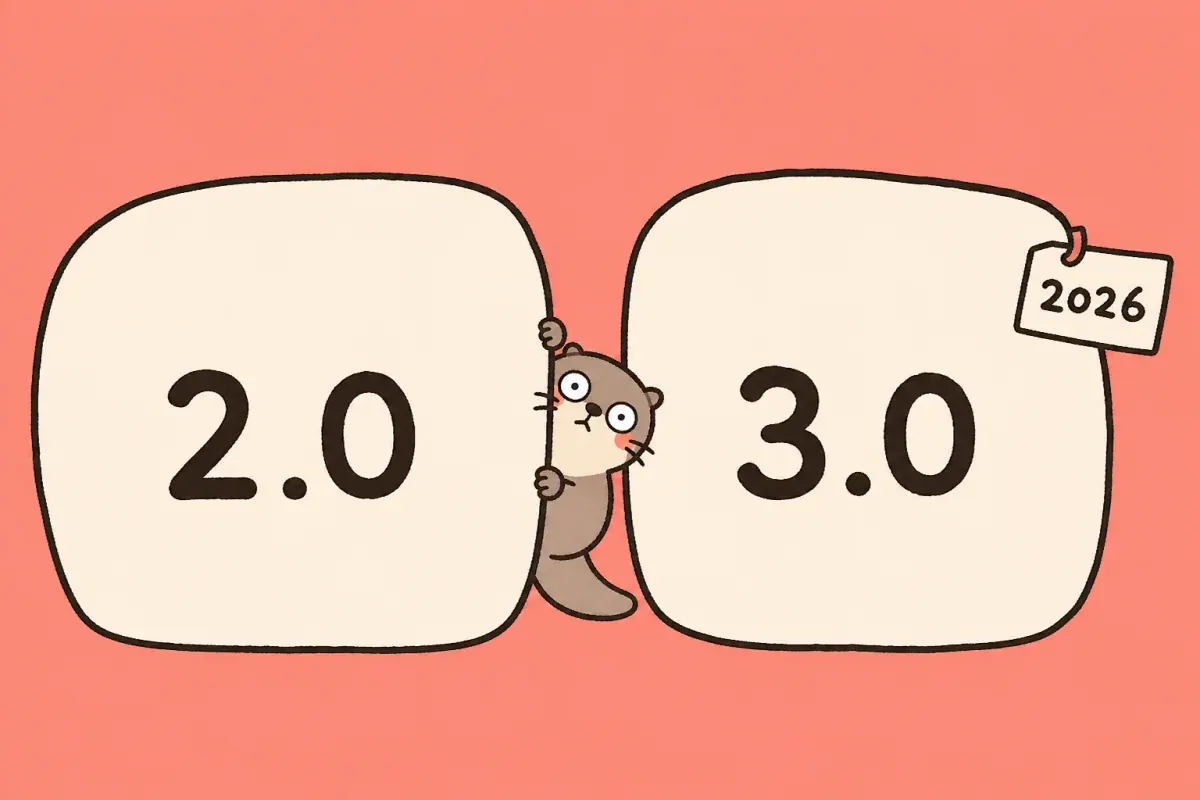 A tiny wide-eyed Moyu otter squeezed between oversized blocks marked 2.0 and 3.0 with a small 2026 tag