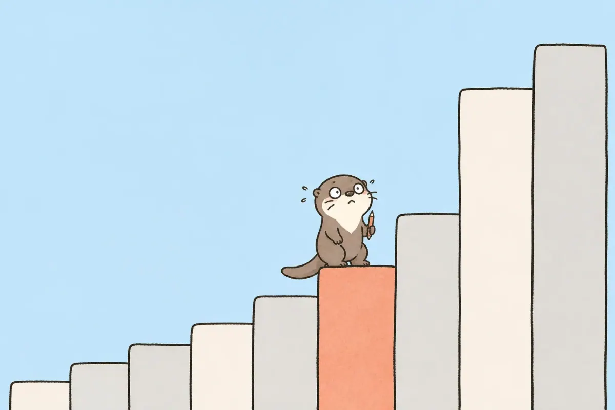 A small Moyu otter on the sixth of nine rising steps looks up at the three tallest steps