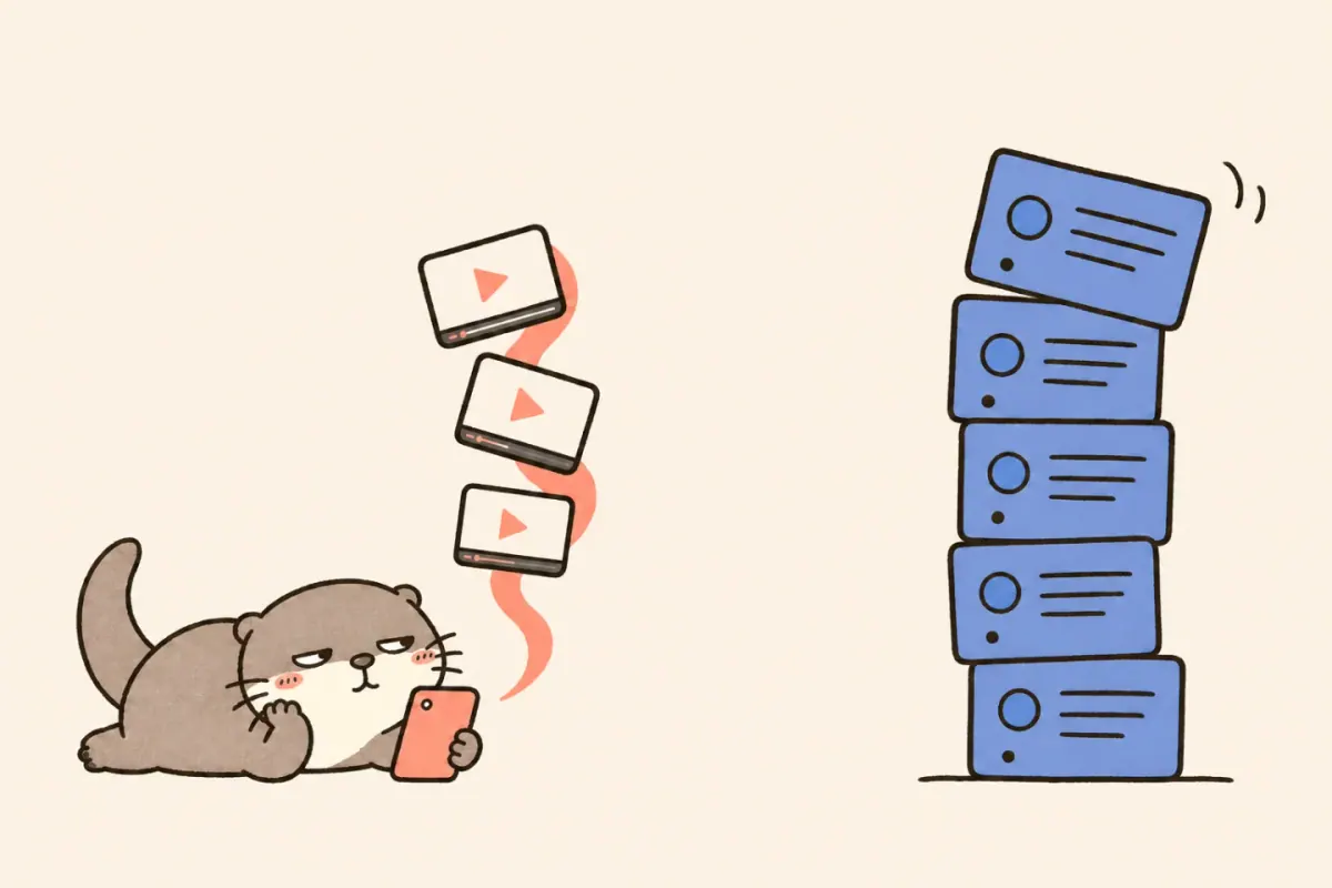 A Moyu otter relaxing with a phone beside an orderly stack of video lesson cards