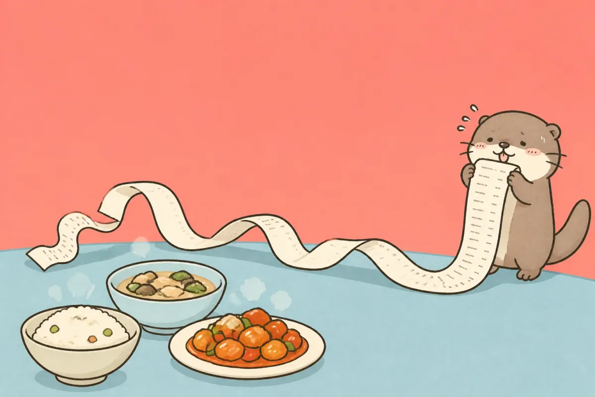 The Moyu otter holds a comically long order slip beside three steaming dishes