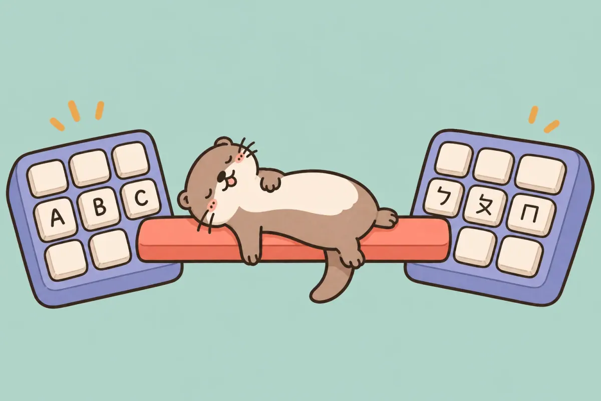 A sleepy otter sprawled across an oversized space bar between ABC and Bopomofo keyboards