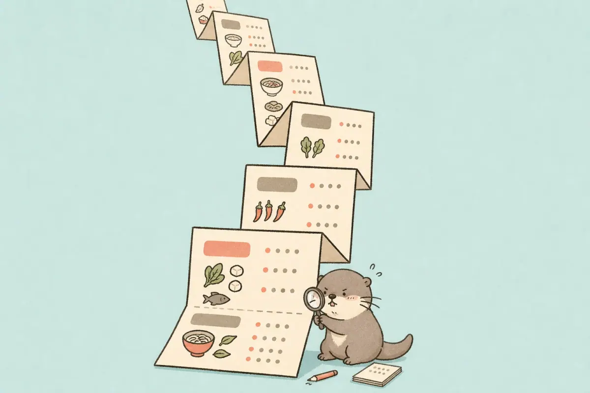 The Moyu otter examines an impossibly tall folding menu with a magnifying glass