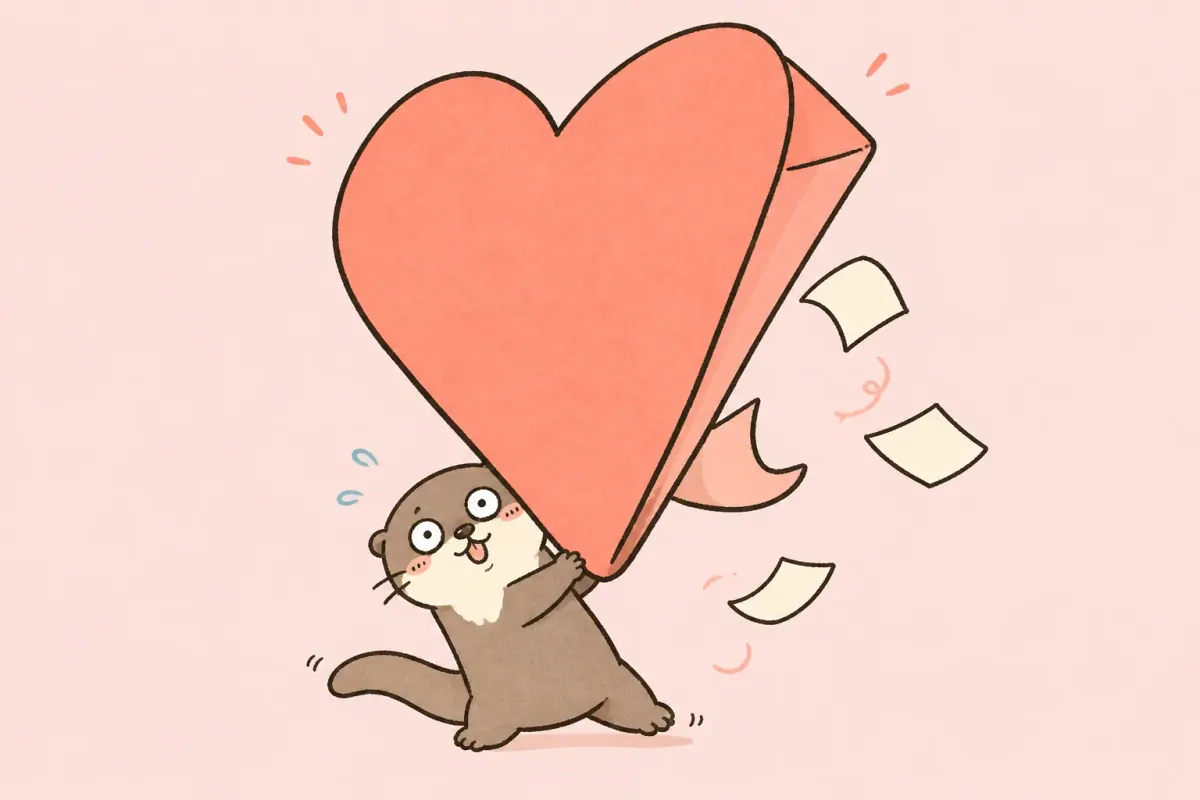The Moyu otter tries to deliver an enormous heart-shaped note while several smaller affectionate messages spill from the envelope