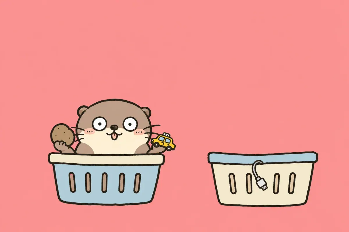 A tiny otter sorting mismatched everyday objects into two crooked shopping baskets