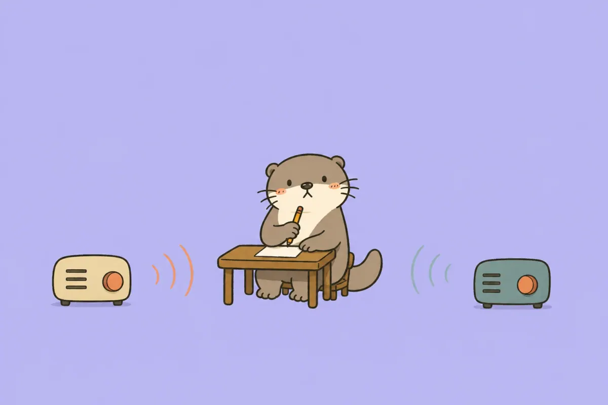 A small otter at a desk listening to two radios sending sound from opposite sides
