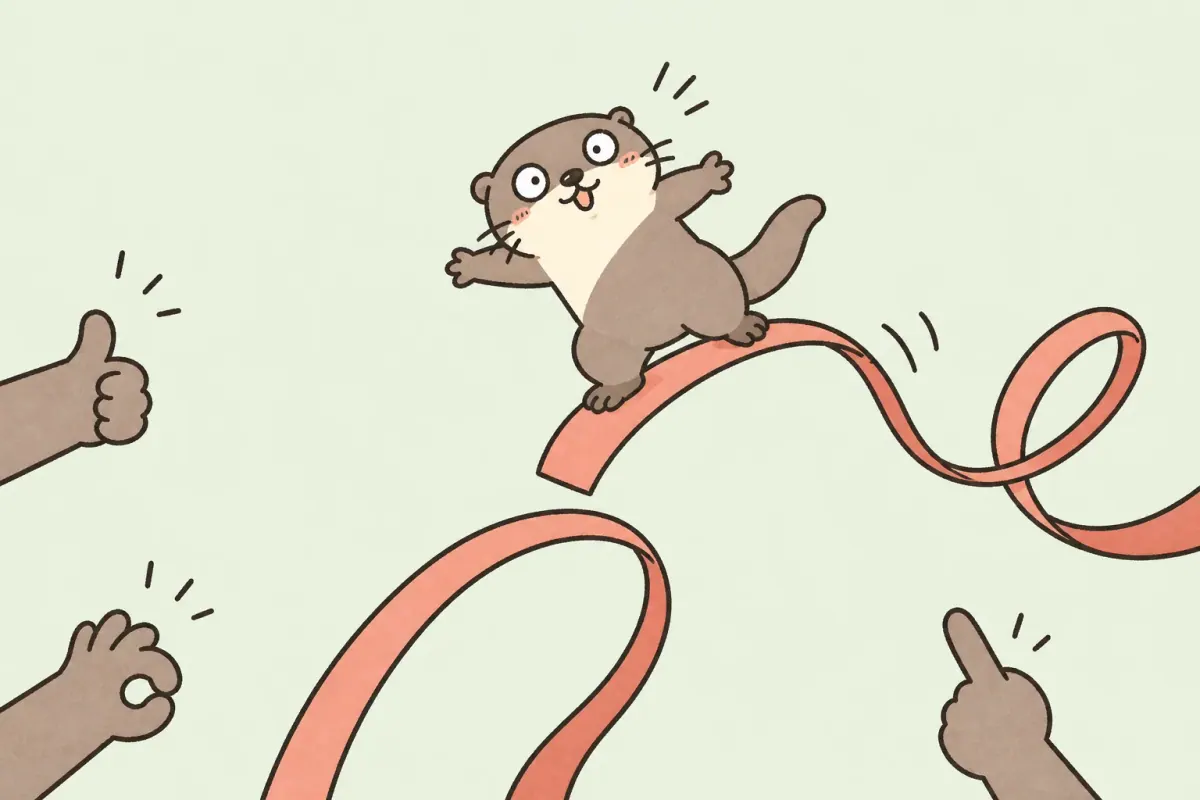 The Moyu otter balances on a curling ribbon while hands at the edge applaud the unexpectedly smooth move