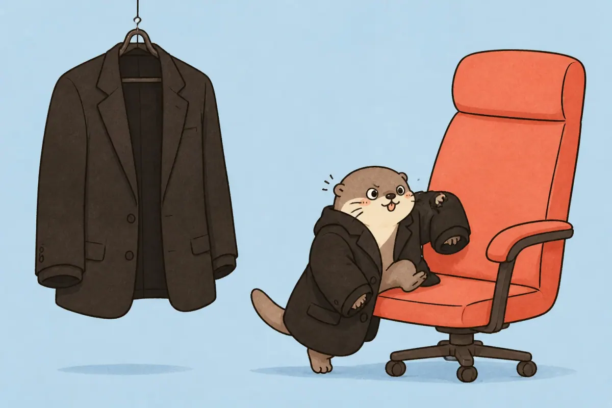 A determined Moyu otter struggling inside an oversized black business suit beside a huge coral office chair