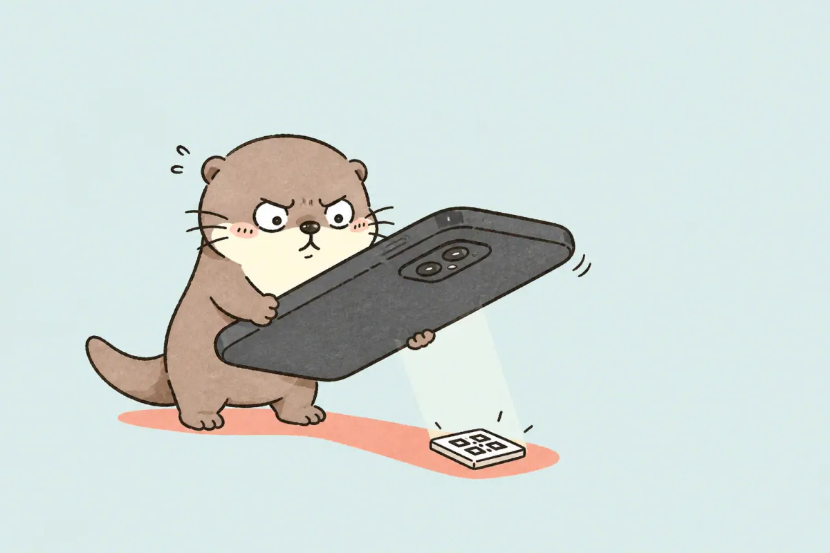The Moyu otter aims an oversized phone at a tiny QR-code tile while trying to find the right scanning angle