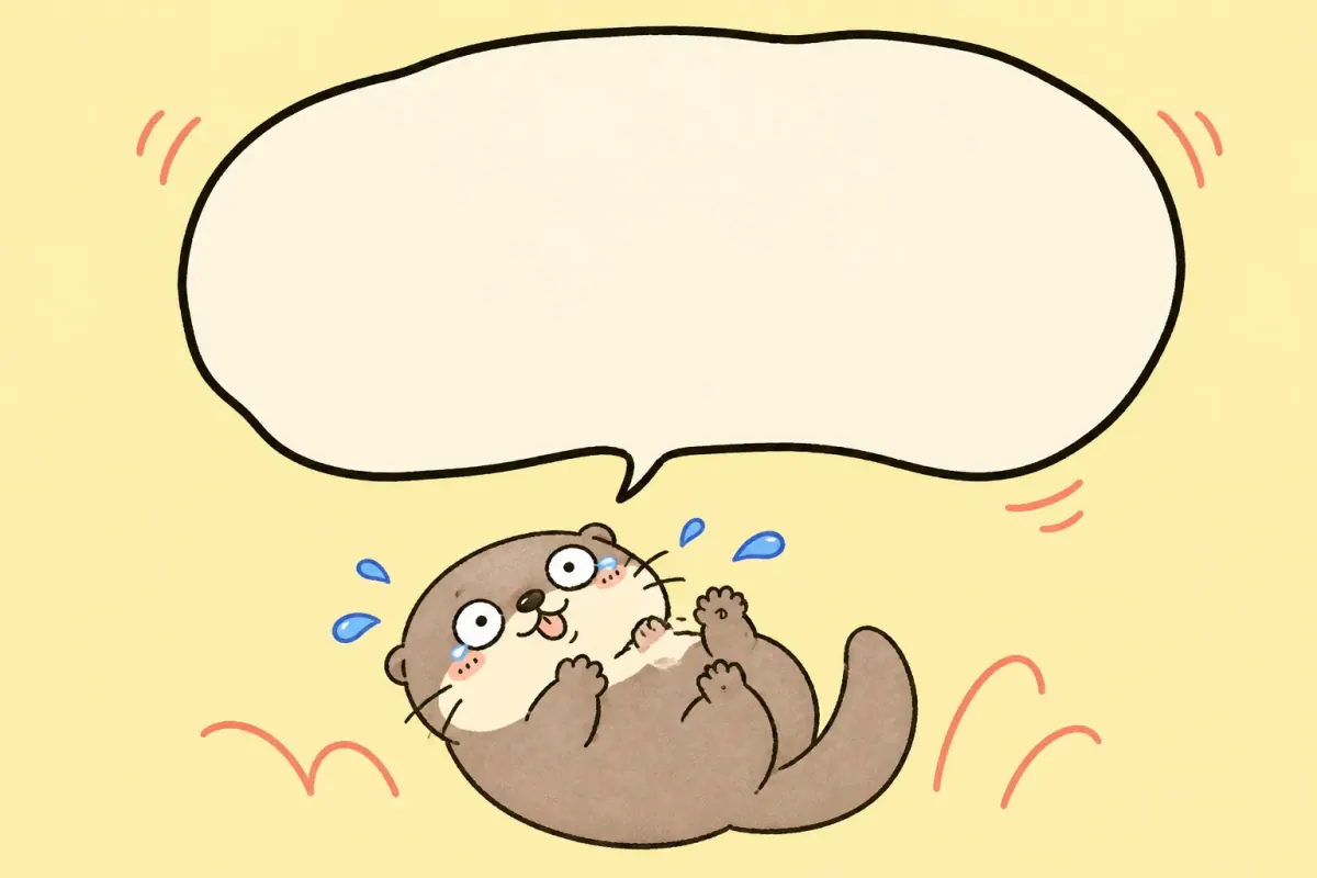 The Moyu otter lies on its back laughing beneath an enormous wobbling speech bubble