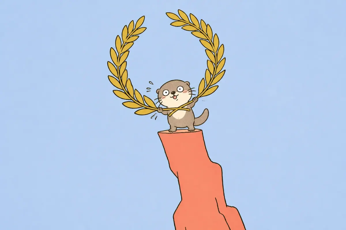 A tiny Moyu otter strains to hold an enormous golden laurel wreath on top of a tall coral podium