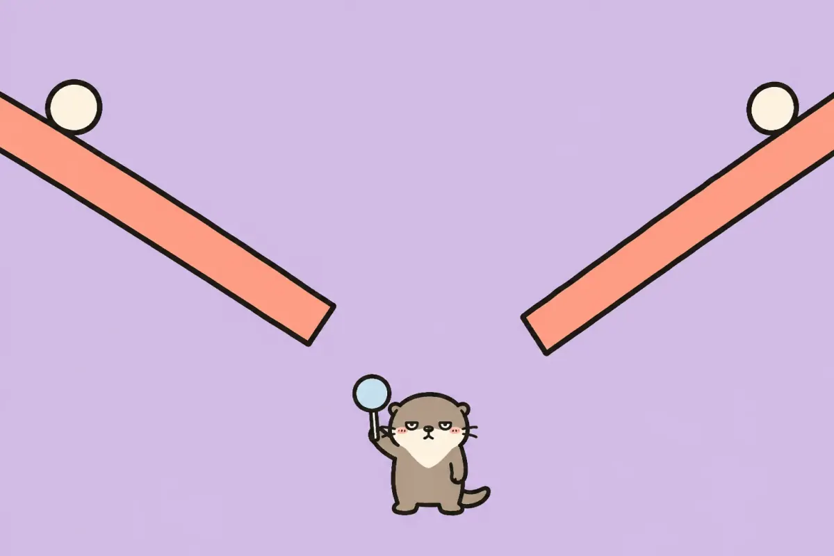 A deadpan otter holding a tiny no sign while two steep ramps meet behind it