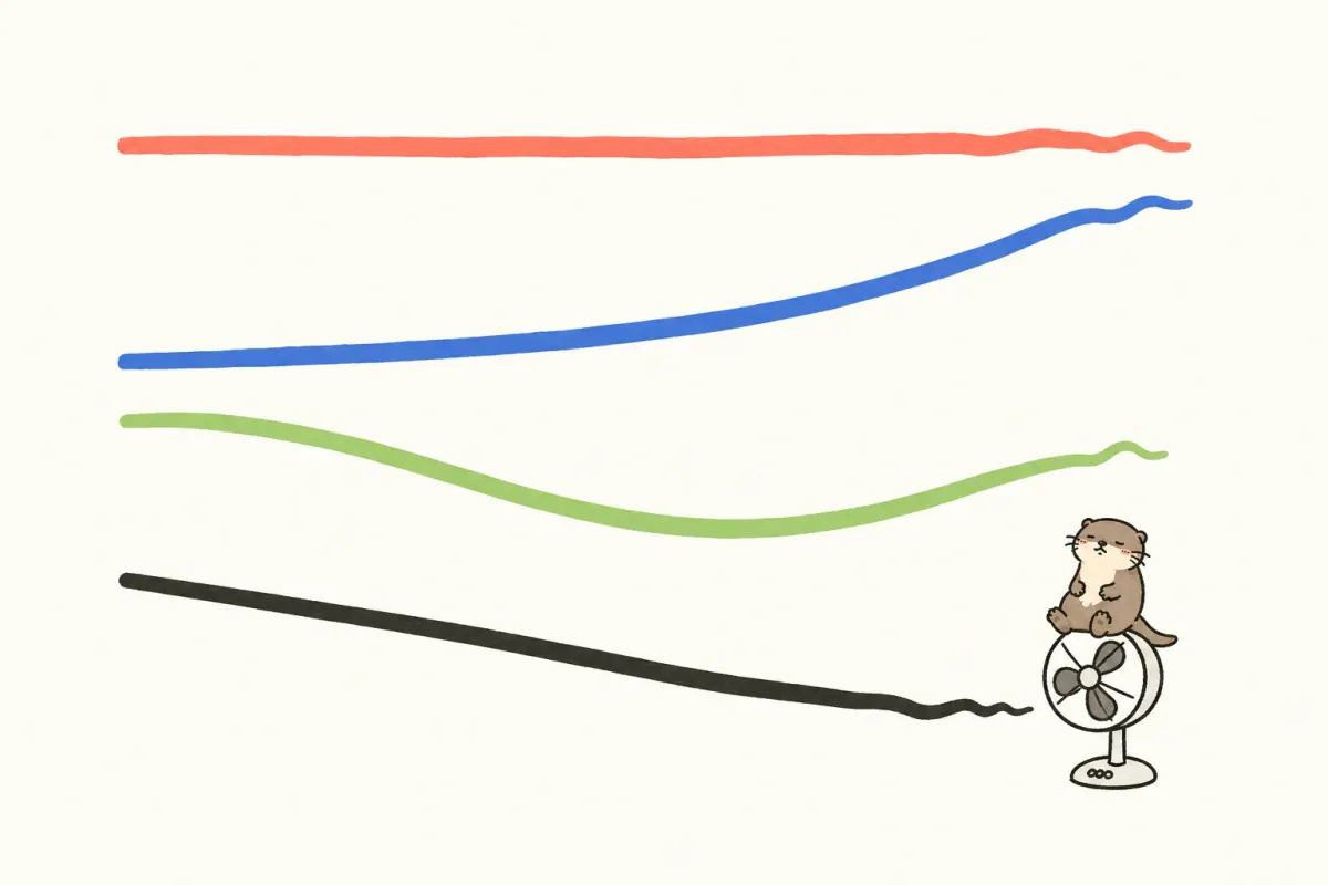 A tiny otter sitting on a fan as four colored pitch lines bend in the breeze