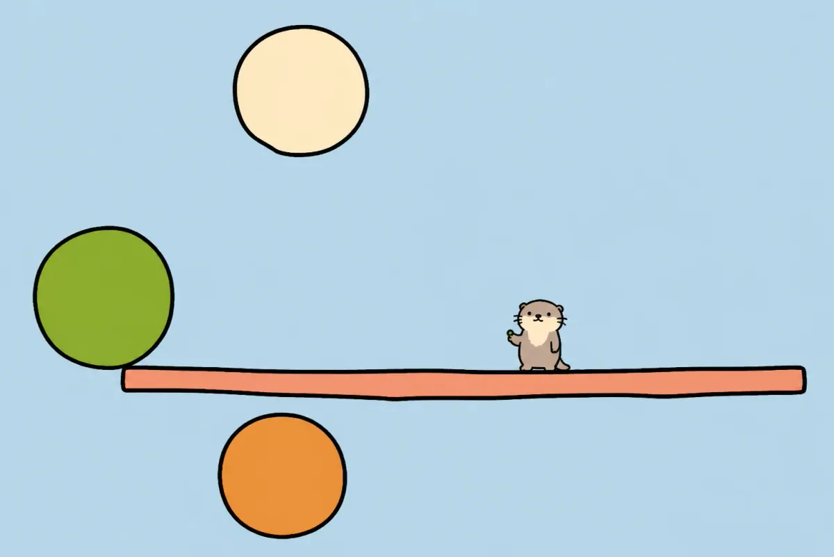 A small otter balancing one bean on three crooked stepping stones
