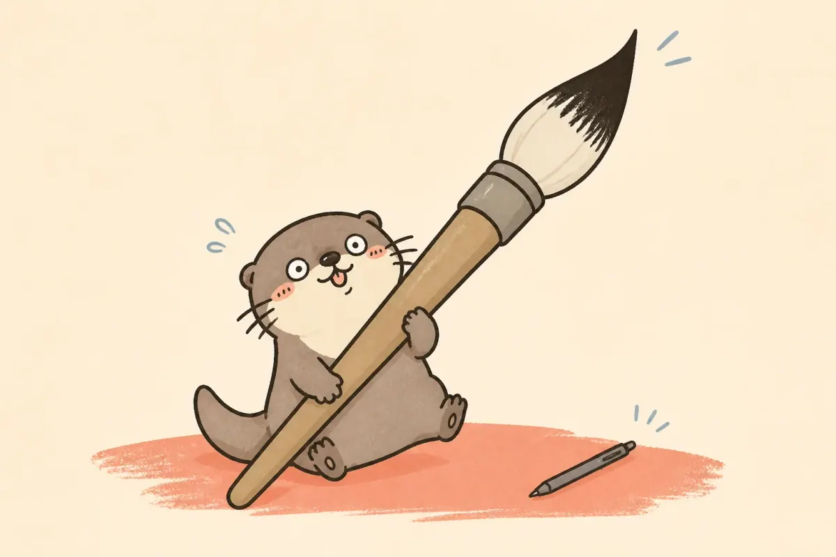 The Moyu otter struggles with an enormous brush while a practical pen lies nearby